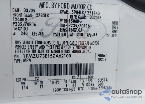 2005 Ford Explorer Xlt/Xlt Sport из США, поврежденный, VIN 1FMZU73E15ZA62100